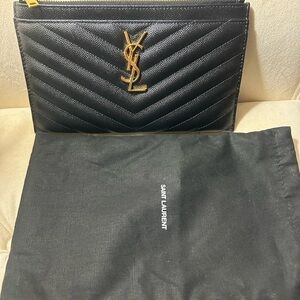 Saint Laurent Black Quilted Clutch with Gold Emblem